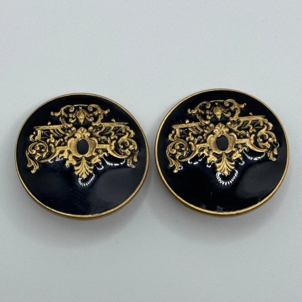 Vintage Museum of Fine Arts MFA Clip On Earrings Black Enamel Gold Tone